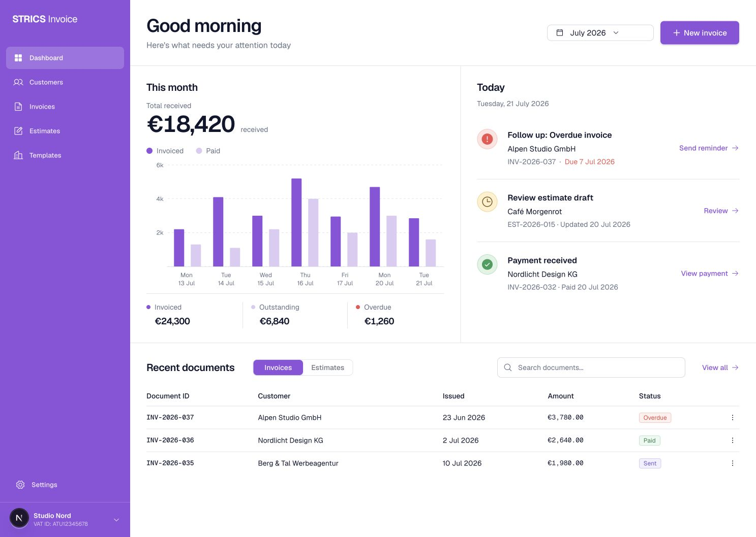STRICS Invoice dashboard with revenue chart, tasks, and recent documents